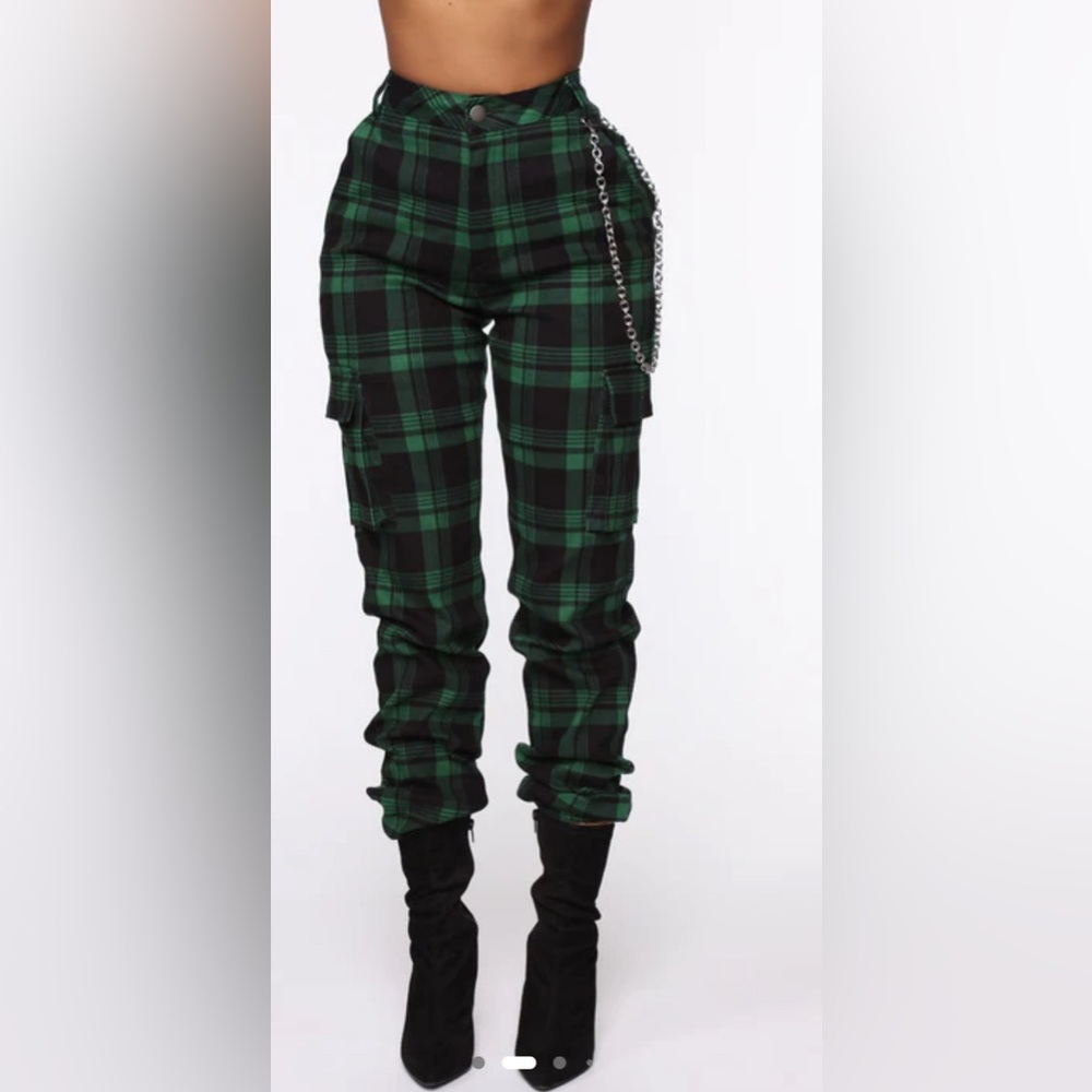 Green and Black Plaid Jogger Pants